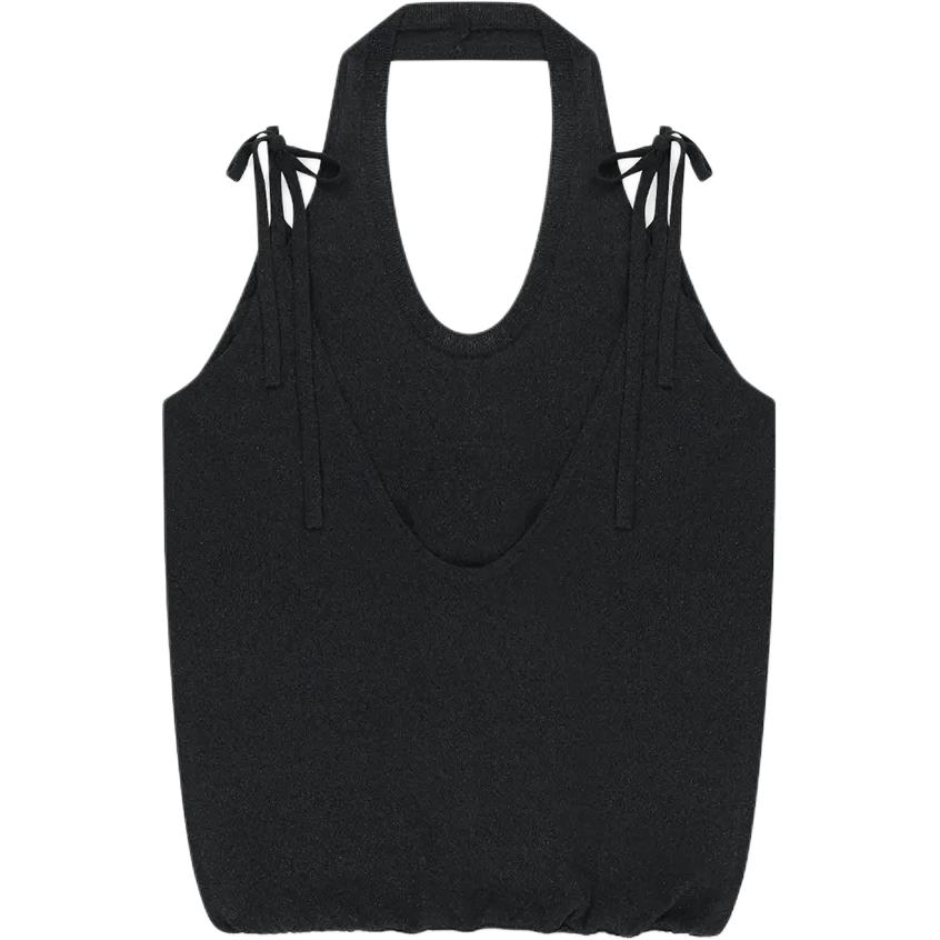 (Women) MATIN KIM SS26 Black Layered Tie Halter Neck Knit Top for Women MK2634PO006MBB
