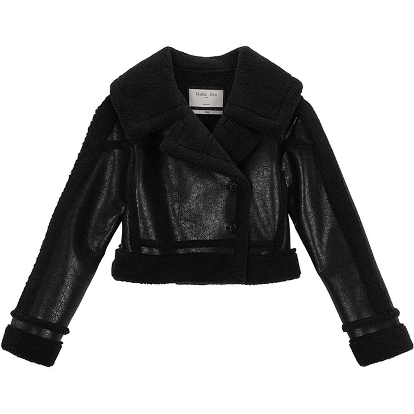 (Women) MATIN KIM Unisex Soft Leather Jacket Women’s Black Short Design. MK239NJP057MBB