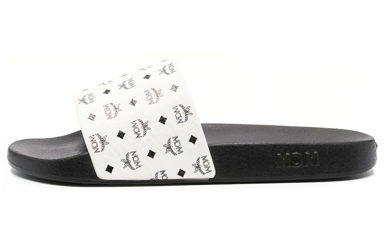 (Women) MCM Open-Toe Slip-On Logo Print Fashion Sandals White/Black. MESDSMM11BK