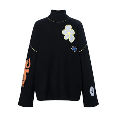 (Women) McQ Alexander McQueen FW22 3D Floral Jacquard Wool Turtleneck Sweater Black 700215-RTN03-1000