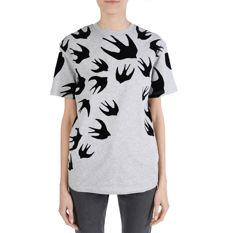 Shop (W) McQ Alexander McQueen Baju T-Shirt Leher Bulat Cetak Swallow Kelabu 318978-RGH80-1225