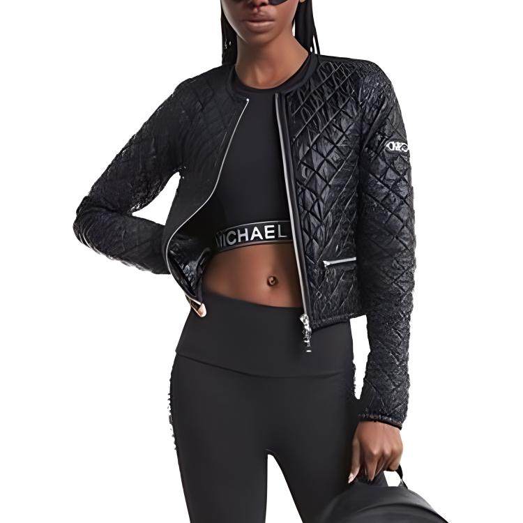 (Women) Michael Kors  Black Solid Checkered Zip-Up Long Sleeve Jacket MF320B23SB-0001