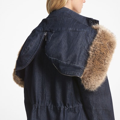 (W) 迈克高仕宽松牛仔连帽夹克靛蓝色. MF320CQM24-976 Details for (W) 迈克高仕宽松牛仔连帽夹克靛蓝色. MF320CQM24-976