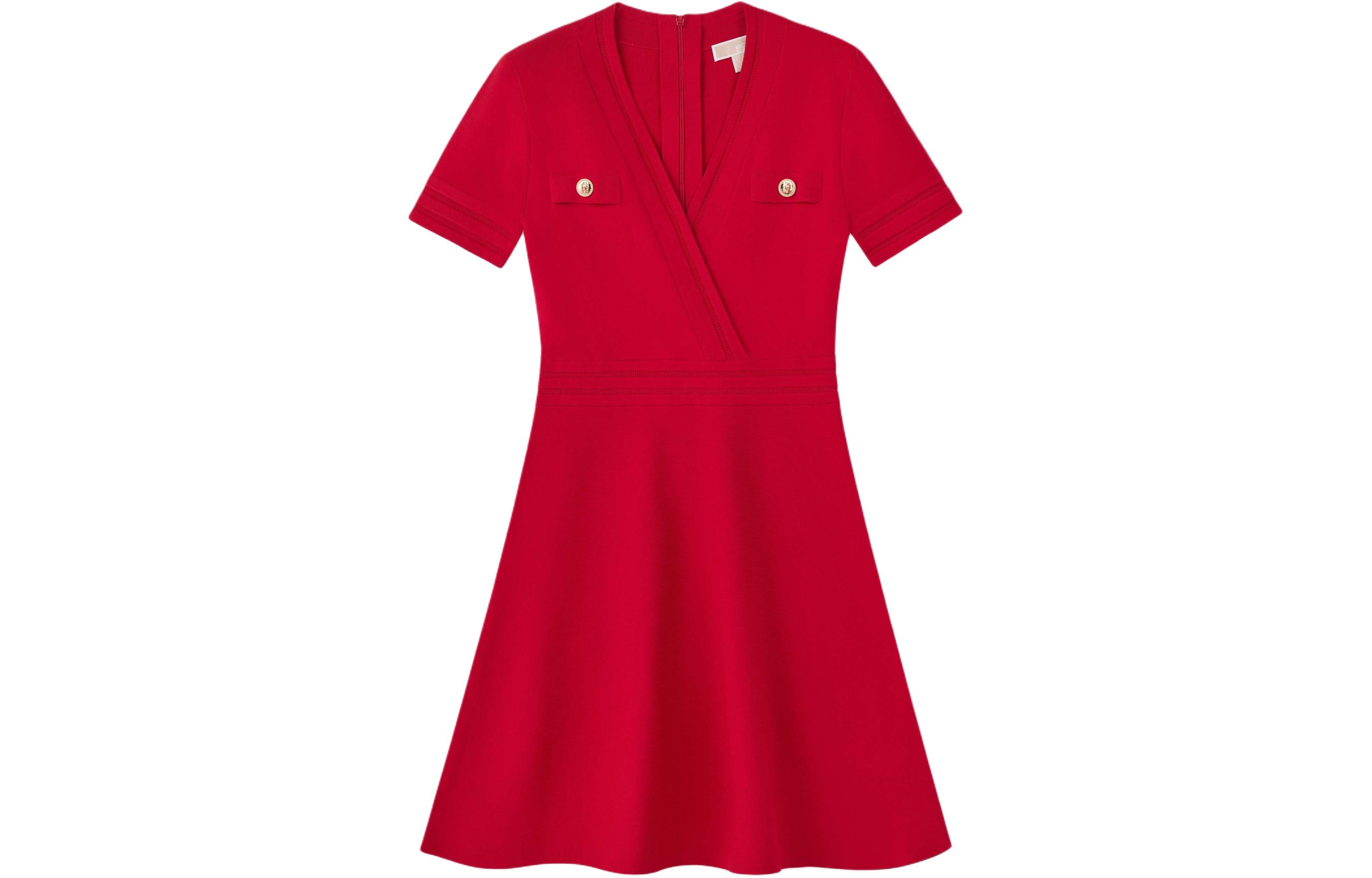 (Women) MICHAEL KORS  Solid V-Neck Button Zip Short Sleeve Dress MS482EE33D-609
