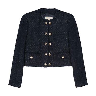(Women) MICHAEL KORS SS24 Midnight Blue Double-Breasted Cropped Jacket. MR4105ZAER-409
