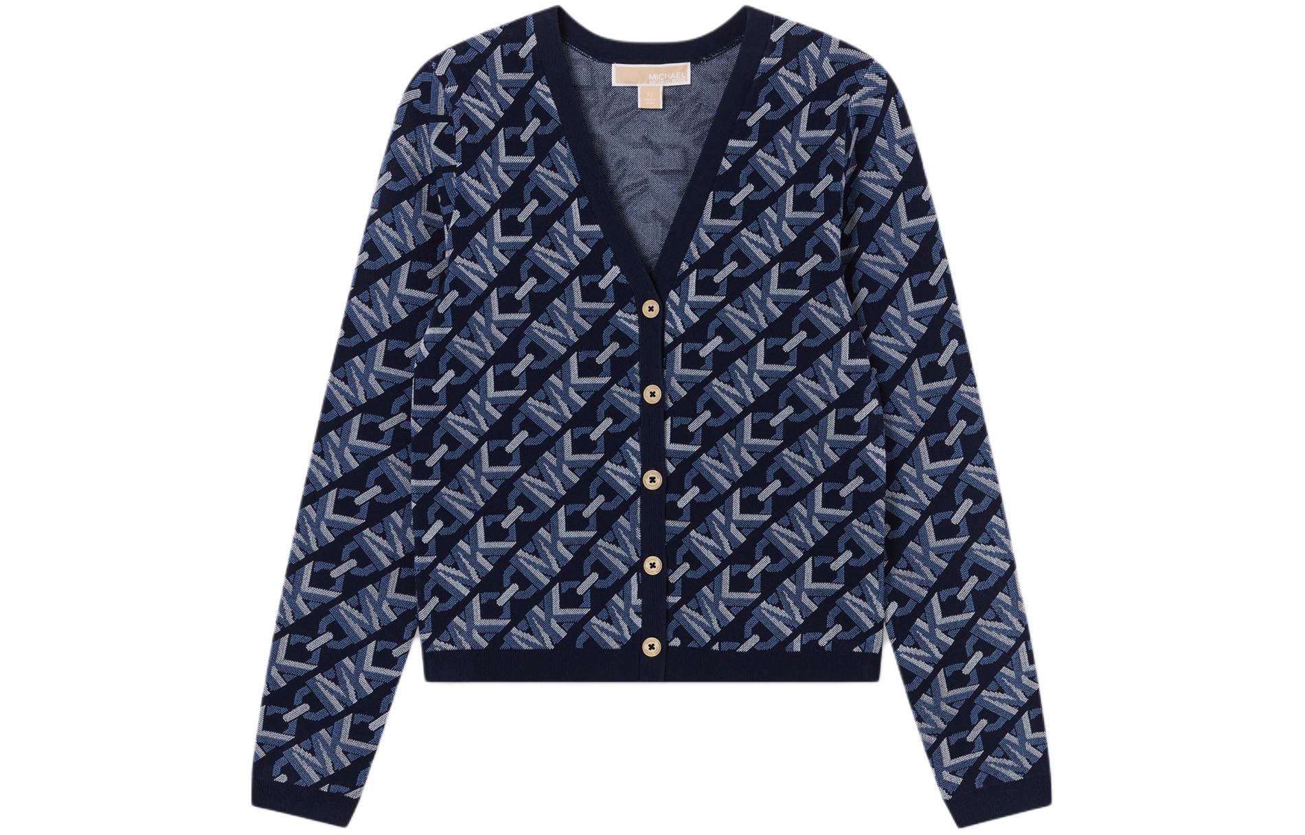 (Women) Michael Kors  V-Neck Monogram Cardigan Navy Blue Long Sleeve Knit MR460VS9Z6-409