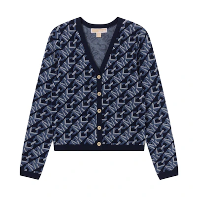 (Women) Michael Kors V-Neck Monogram Cardigan Navy Blue Long Sleeve Knit MR460VS9Z6-409
