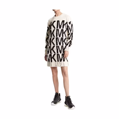(Women) Michael Kors Full Logo Tassel Knit Sweater Dress Women Black White. MF180V7CSN109