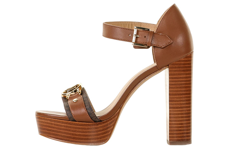 (W) MICHAEL KORS Leather Round Toe Buckle Chunky Heel Sandal 'Brown'