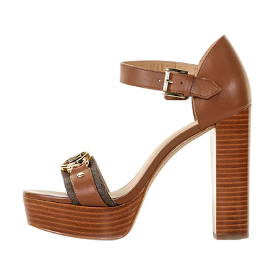 (W) MICHAEL KORS Leather Round Toe Buckle Chunky Heel Sandal 'Brown'