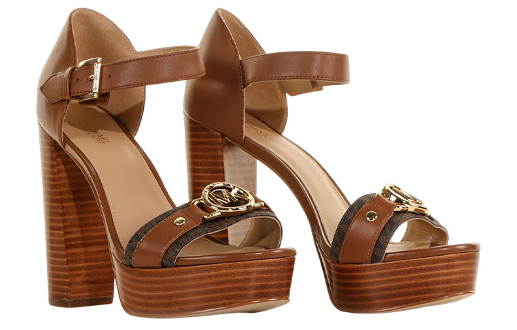 (W) MICHAEL KORS Leather Round Toe Buckle Chunky Heel Sandal 'Brown' 圖 3