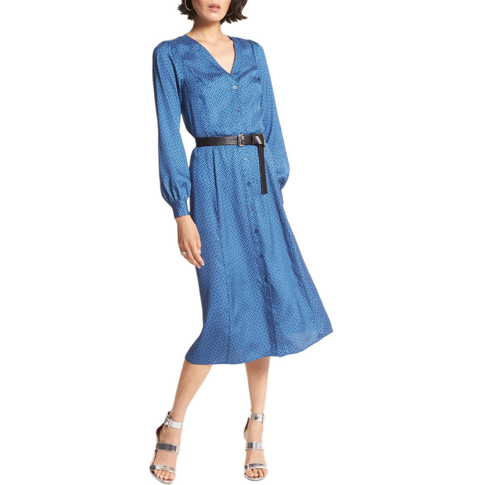 (Women) MICHAEL KORS SS23  Blue Logo Print Long Sleeve Dress. MF28Y467G9-414