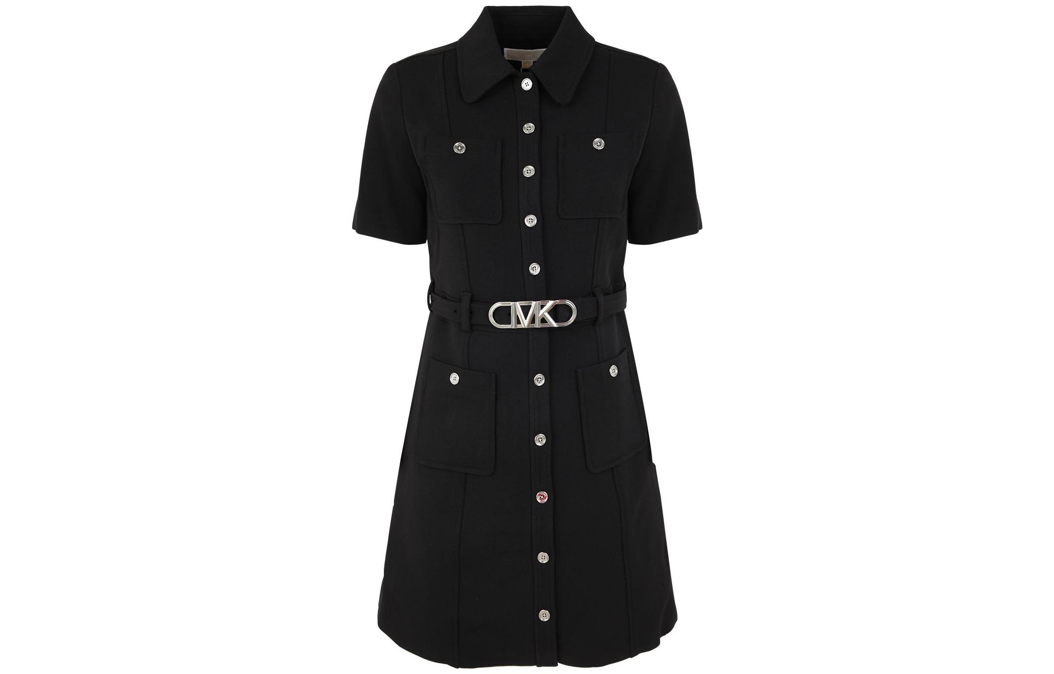 (Women) Michael Kors SS23 Solid Waist-Tie Shirt Dress Black  Short Sleeve Dress MR381GJ3GZ-001