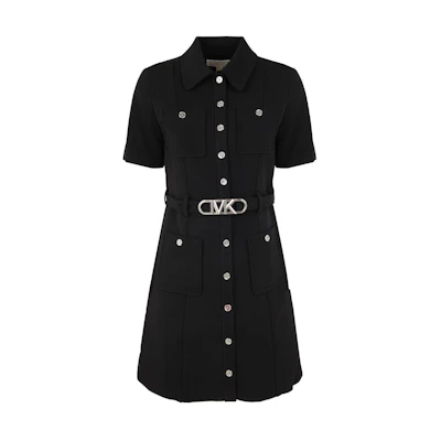 (Women) Michael Kors SS23 Solid Waist-Tie Shirt Dress Black Short Sleeve Dress MR381GJ3GZ-001