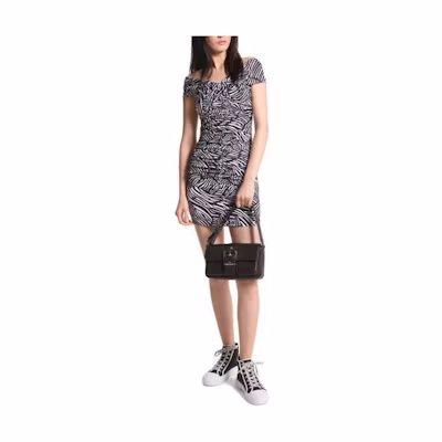 (Women) MICHAEL KORS SS24 Black Zebra Print Off-Shoulder V-Neck Slim Dress. MS481WFDL4-048