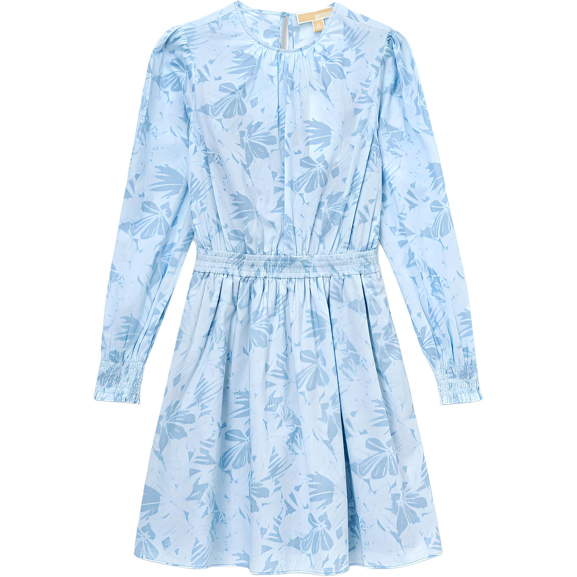 (Women) Michael Kors SS24  Light Blue Palm Print Long-Sleeve Belted Dress. MS4827GETZ-424