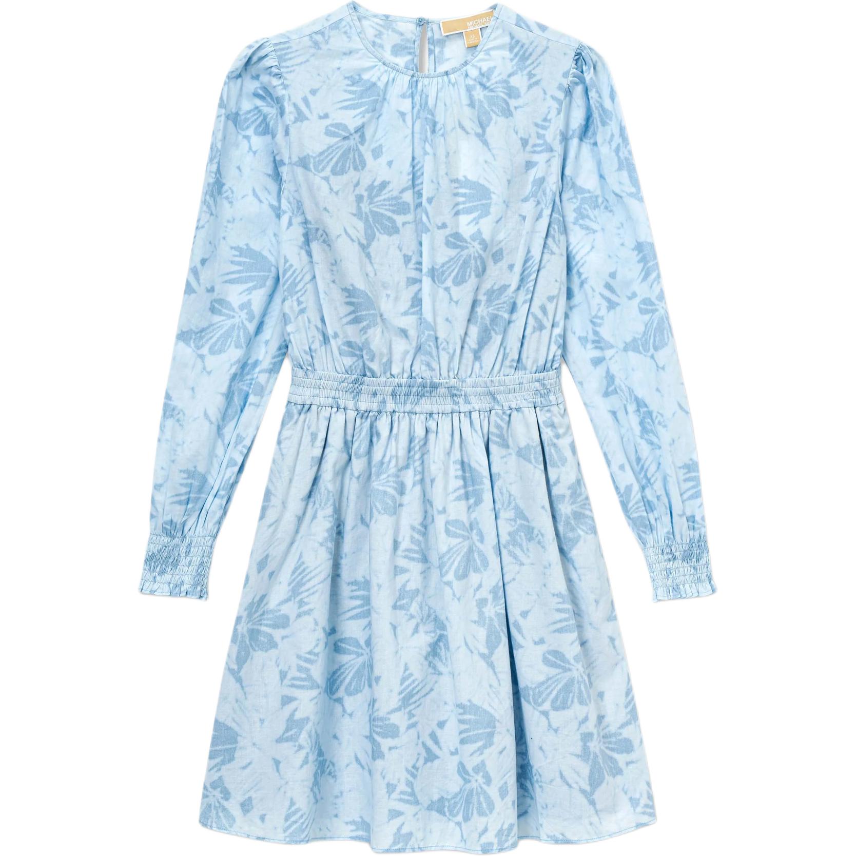 Order (W) 迈克高仕 SS24 浅蓝色棕榈印花长袖系腰连衣裙. MS4827GETZ-424