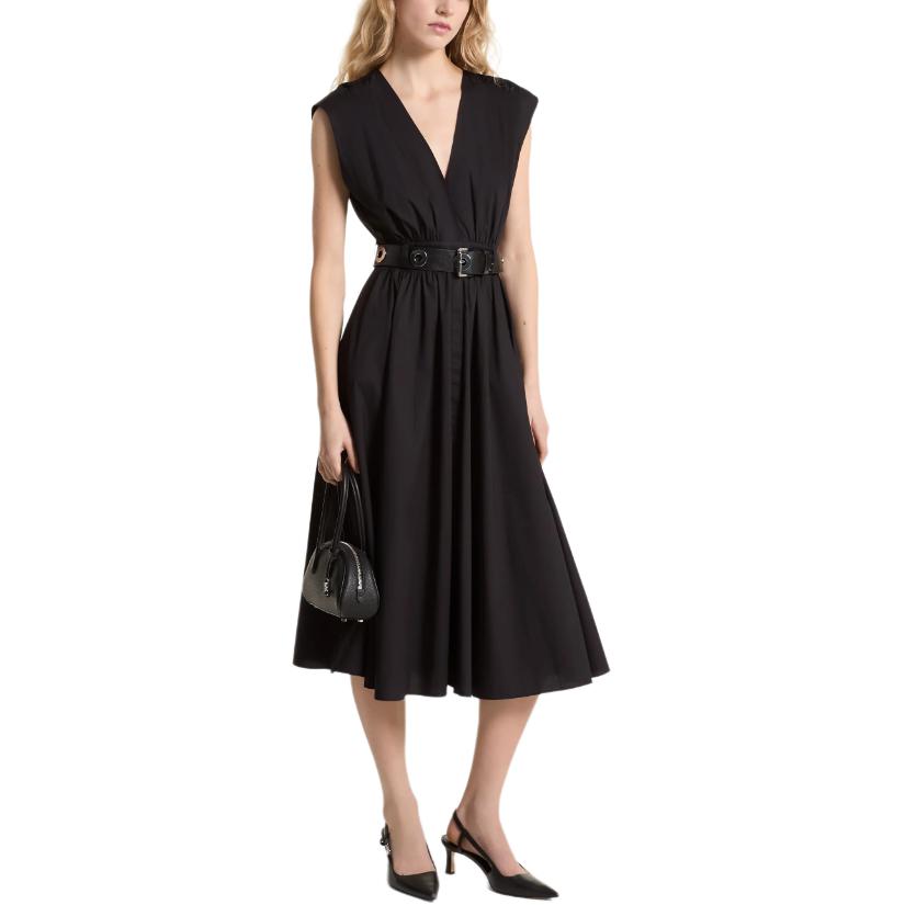 Order (W) 迈克高仕SS24无袖V领中长连衣裙附腰带 - 黑色 MT482F5F4C-001