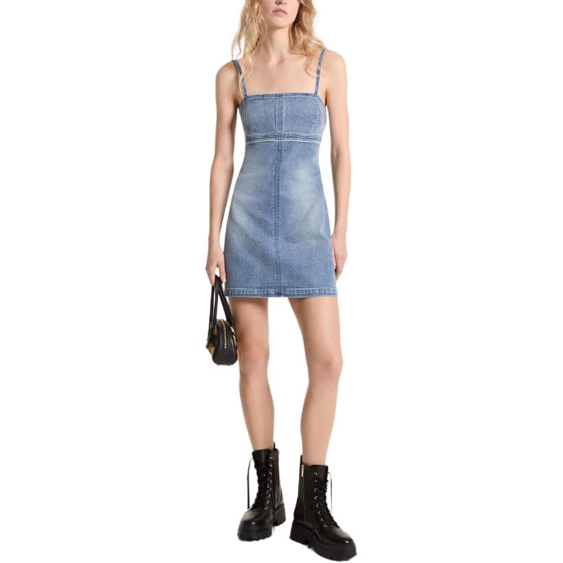 (Women) Michael Kors SS24 Denim Blue Washed Square Neck Slim Fit Mini Dress MT482IGEB1-918
