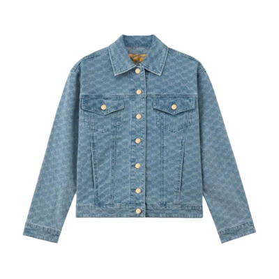 (Women) MICHAEL KORS SS24 Embossed Pattern Denim Jacket Women’s Light Blue Long Sleeve JS4104UDWR-097