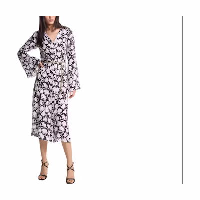 (Women) Michael Kors SS24 Floral Print Chain Midi Long Sleeve Dress Women Black MS4825DAUY-048