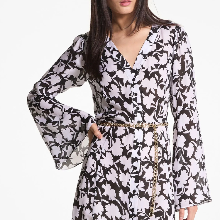 Shop (W) Michael Kors SS24 花卉印花链条中长袖连衣裙 女款 黑色 MS4825DAUY-048