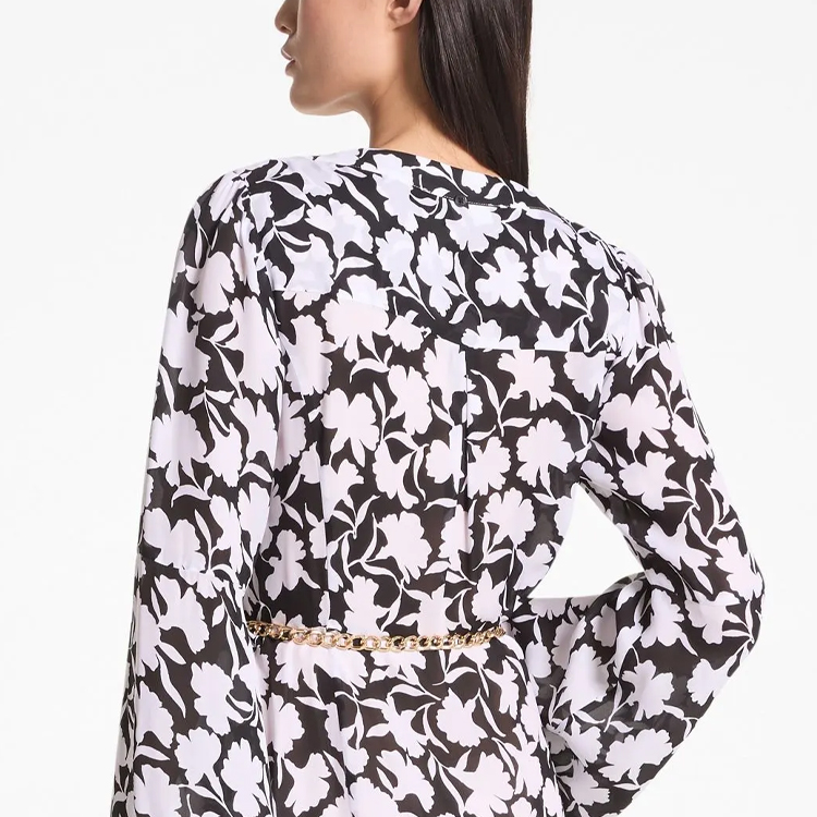 Sizing (W) Michael Kors SS24 花卉印花链条中长袖连衣裙 女款 黑色 MS4825DAUY-048