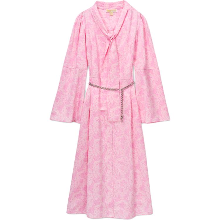 (Women) Michael Kors SS24 Floral Tie-Neck Long Sleeve Dress  Pink. MS4825DE3D-682