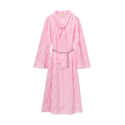 (Women) Michael Kors SS24 Floral Tie-Neck Long Sleeve Dress Pink. MS4825DE3D-682