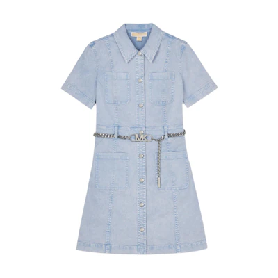 (Women) Michael Kors SS24 Light Blue Short-Sleeve Denim Mini Dress for Women. MS381PEE72-424