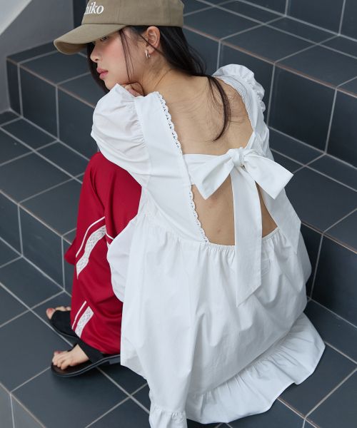 (Women) MICHIKO LONDON KOSHINO Puff Sleeve Ribbon Mini Dress White ML26SD05WH