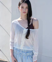 (Women) MICHIKO LONDON KOSHINO Ruffle Off-Shoulder Cardigan Ivory ML26SO27IV (Women) MICHIKO LONDON KOSHINO Ruffle Off-Shoulder Cardigan Ivory ML26SO27IV