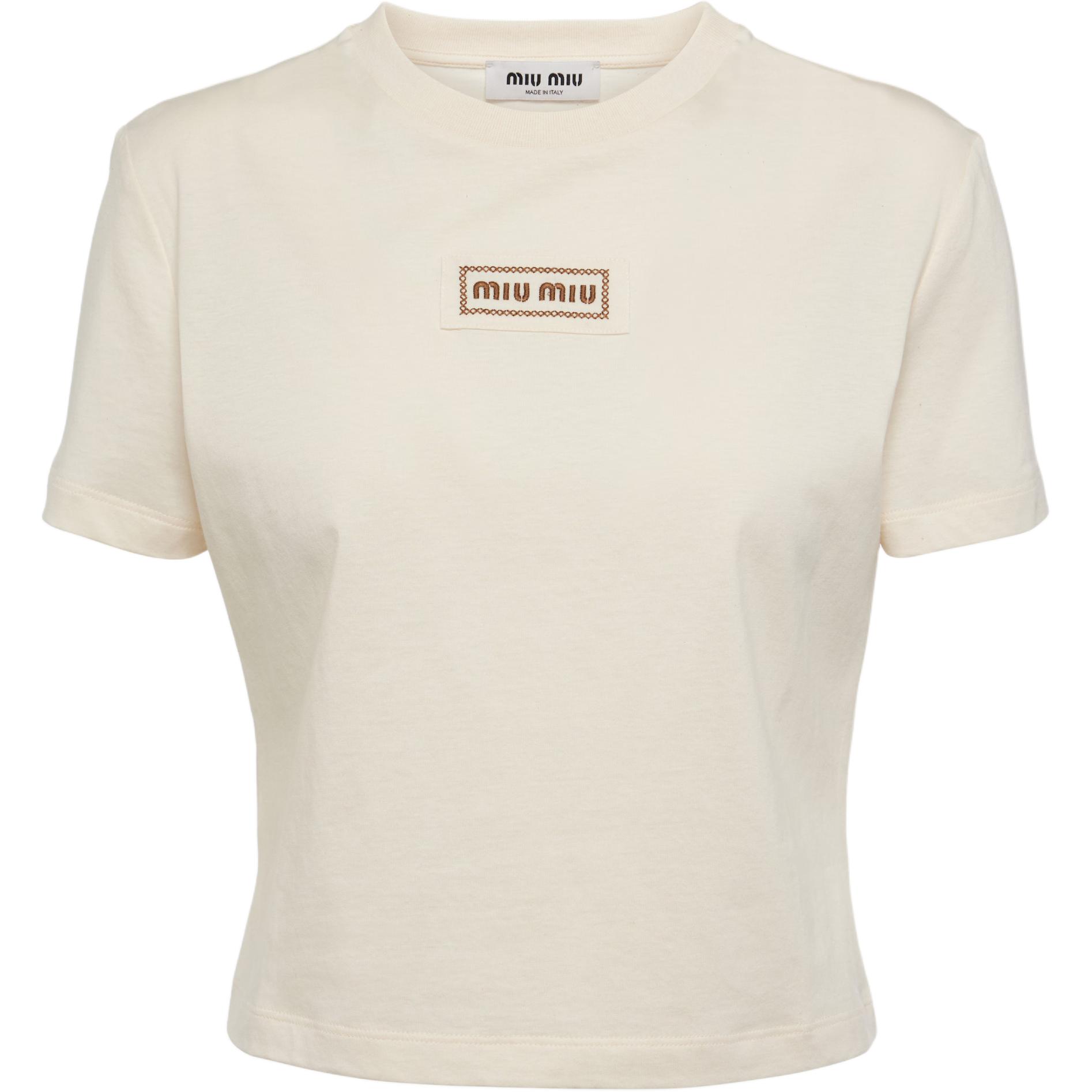 (Women) MIU MIU  Beige Baby High-Waist Fitted Cropped Logo Print T-Shirt. MJN483-15AX-F047M-S-000