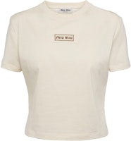 (Women) MIU MIU Beige Baby High-Waist Fitted Cropped Logo Print T-Shirt. MJN483-15AX-F047M-S-000 (Women) MIU MIU Beige Baby High-Waist Fitted Cropped Logo Print T-Shirt. MJN483-15AX-F047M-S-000