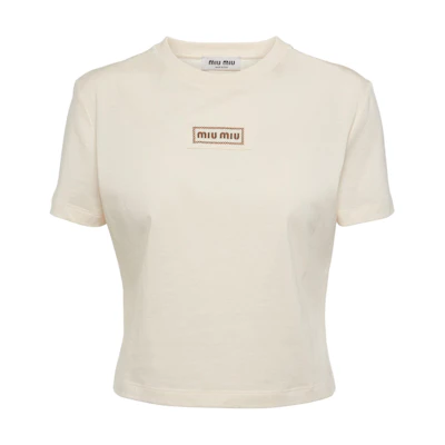 (Women) MIU MIU Beige Baby High-Waist Fitted Cropped Logo Print T-Shirt. MJN483-15AX-F047M-S-000