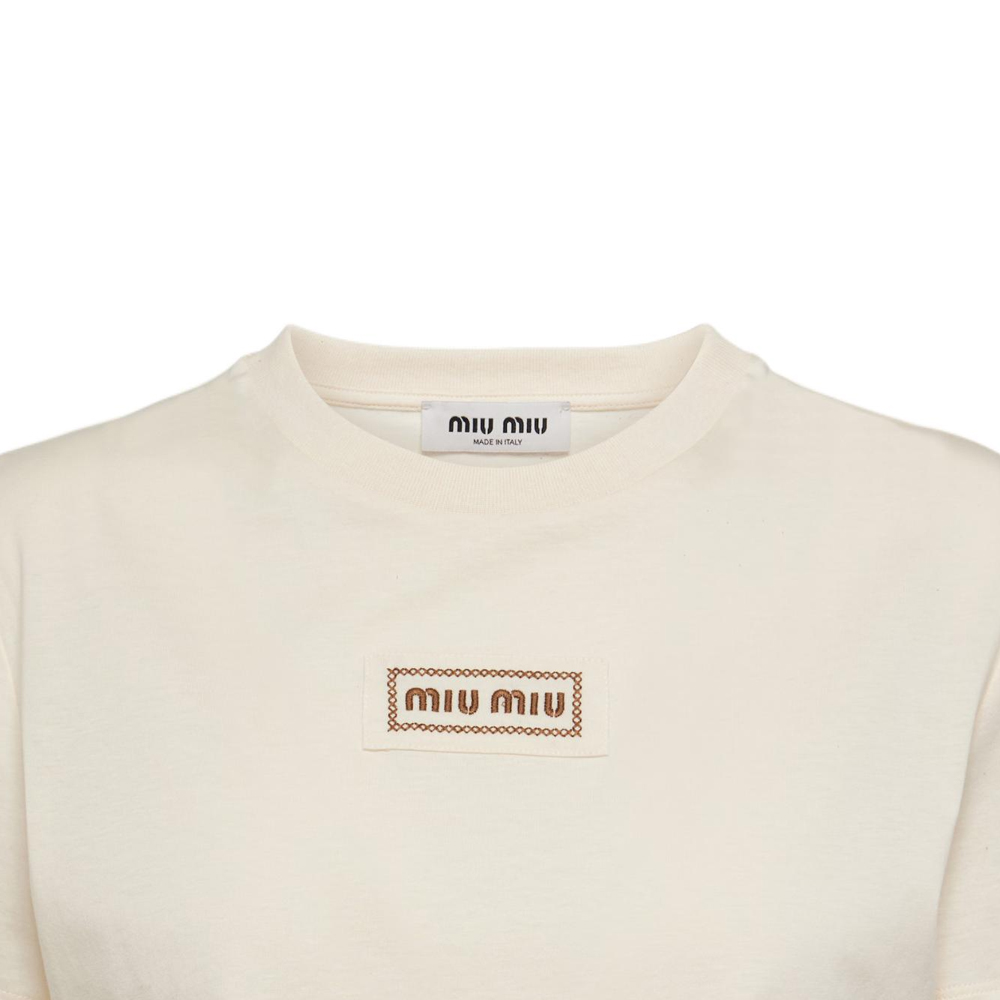 Sizing (W) MIU MIU 米色嬰兒高腰修身短版標誌印花T恤。 MJN483-15AX-F047M-S-000