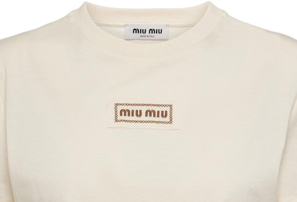 (W) MIU MIU 米色嬰兒高腰修身短版標誌印花T恤。 MJN483-15AX-F047M-S-000 Sizing (W) MIU MIU 米色嬰兒高腰修身短版標誌印花T恤。 MJN483-15AX-F047M-S-000