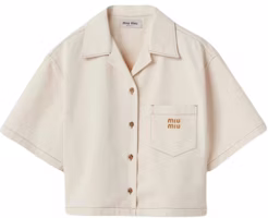 (Women) MIU MIU Beige Denim Shirt with Logo Embroidery Short Sleeve Loose Fit GWC107-13WH-F0018 (Women) MIU MIU Beige Denim Shirt with Logo Embroidery Short Sleeve Loose Fit GWC107-13WH-F0018