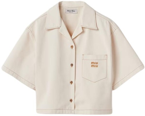 (W) MIU MIU 米白色丹寧短袖襯衫帶刺繡Logo 寬鬆版型 GWC107-13WH-F0018 Order (W) MIU MIU 米白色丹寧短袖襯衫帶刺繡Logo 寬鬆版型 GWC107-13WH-F0018