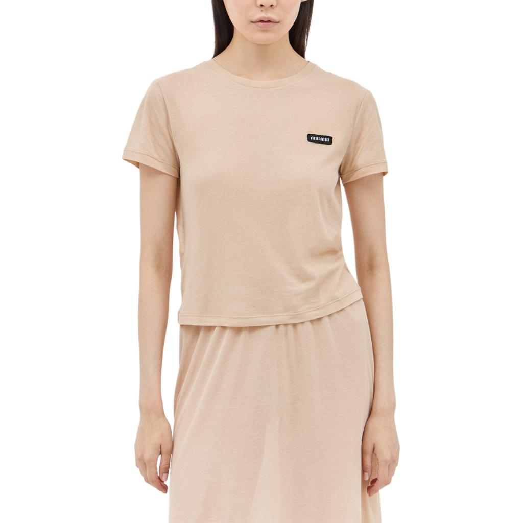 Order (W) MIU MIU Beige Logo Patch Crewneck T-Shirt. MJN466-13VO-F0770