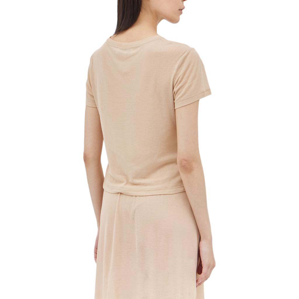 Lookbook (W) MIU MIU Beige Logo Patch Crewneck T-Shirt. MJN466-13VO-F0770