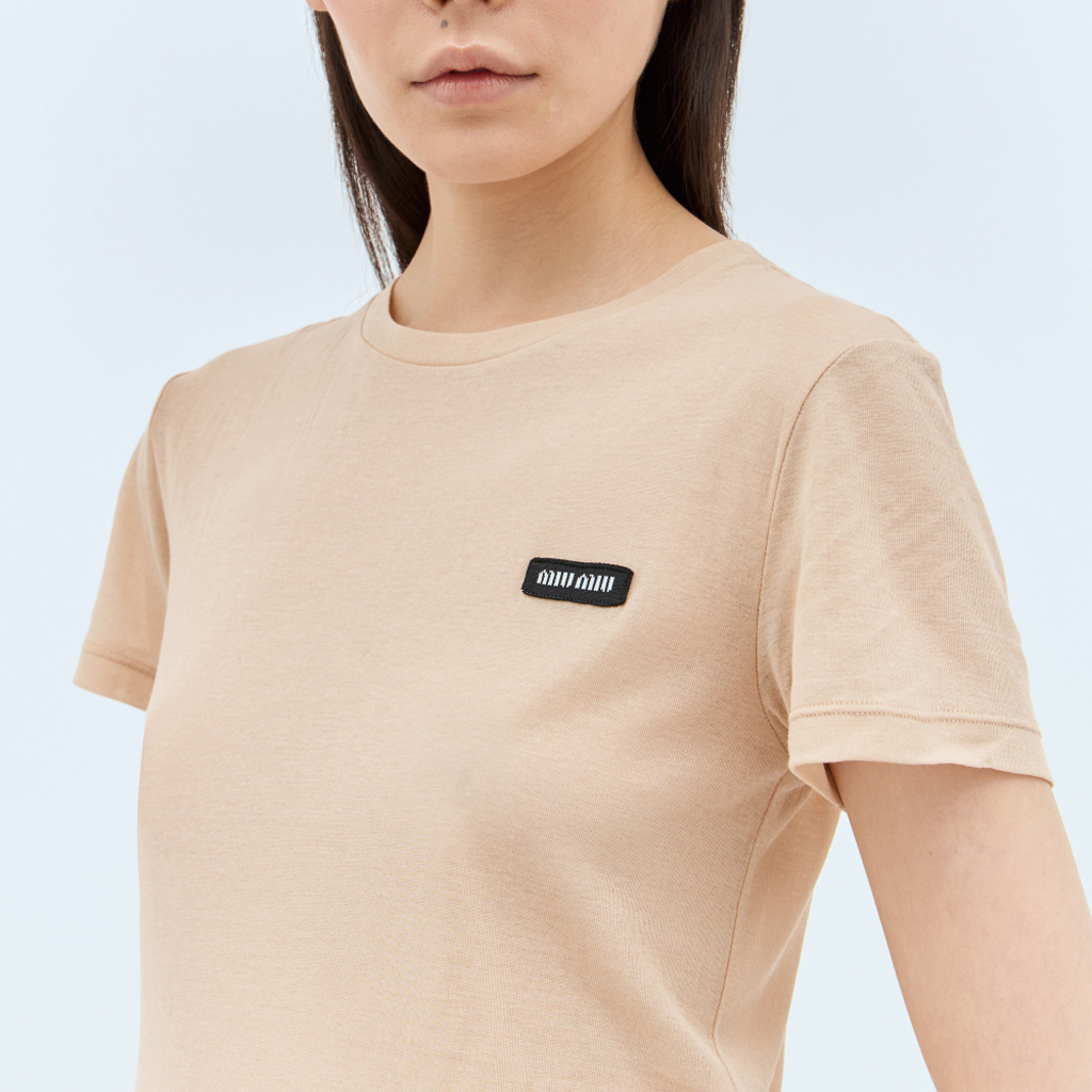 Details for (W) MIU MIU Beige Logo Patch Crewneck T-Shirt. MJN466-13VO-F0770