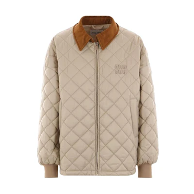 (Women) MIU MIU Beige Logo Patch Zip-Up Collared Long Sleeve Jacket ML1087-15PU-F0036