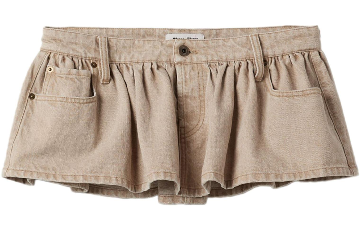 (Women) MIU MIU  Beige Low-Waist Denim Mini Skirt with Back Logo Embroidery. GWD317-140H-S-OOO