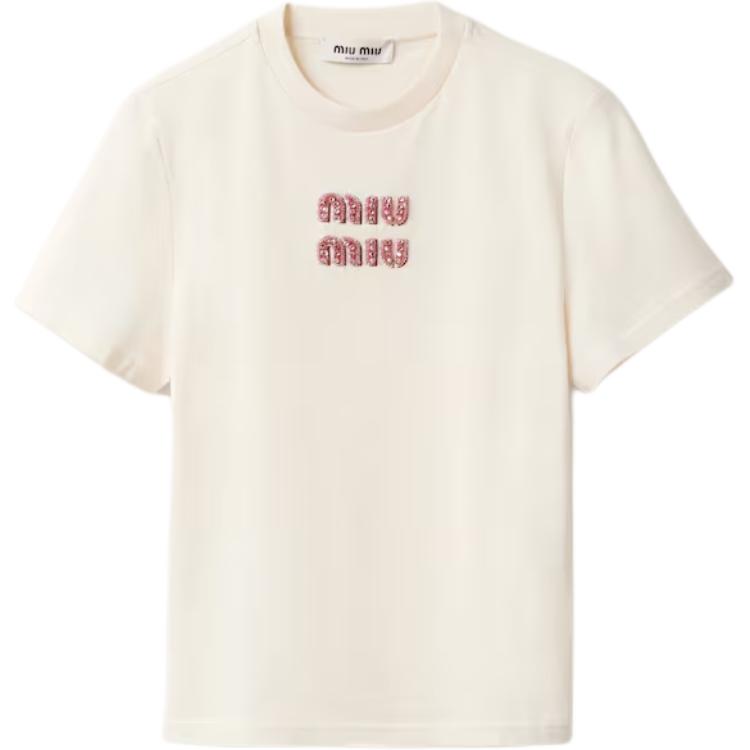 (Women) MIU MIU  Beige Solid Crewneck Short-Sleeve Pullover T-Shirt MJN499_14AR_F0HAT