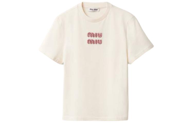 Order (W) MIU MIU 米色純色圓領短袖針織上衣 T 恤 MJN499_14AR_F0HAT