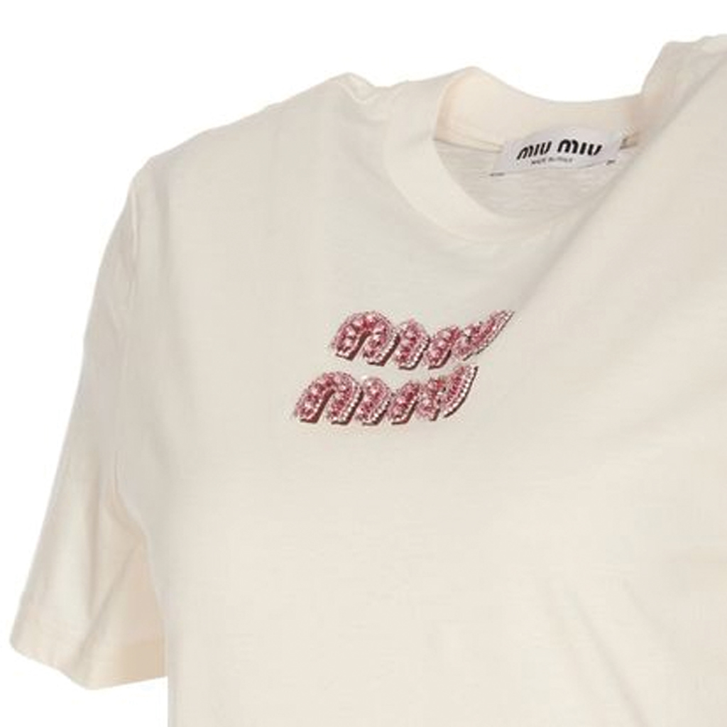 Sizing (W) MIU MIU 米色純色圓領短袖針織上衣 T 恤 MJN499_14AR_F0HAT