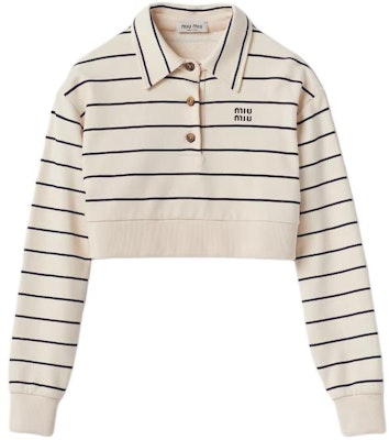 (Women) MIU MIU Beige Striped Letter Button Short Long-Sleeve Polo Shirt. MJL997-14NQ-F075R-S-OOO Order (Women) MIU MIU Beige Striped Letter Button Short Long-Sleeve Polo Shirt. MJL997-14NQ-F075R-S-OOO