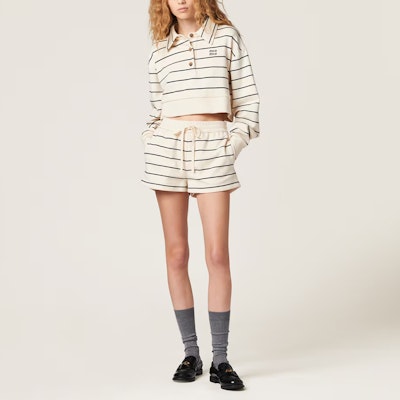 (Women) MIU MIU Beige Striped Letter Button Short Long-Sleeve Polo Shirt. MJL997-14NQ-F075R-S-OOO Lookbook (Women) MIU MIU Beige Striped Letter Button Short Long-Sleeve Polo Shirt. MJL997-14NQ-F075R-S-OOO