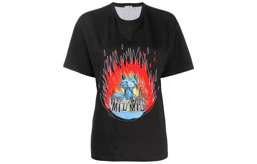 (Women) MIU MIU  Black Cat Flame Print Short Sleeve T-Shirt MJN1451-UE9-F0002